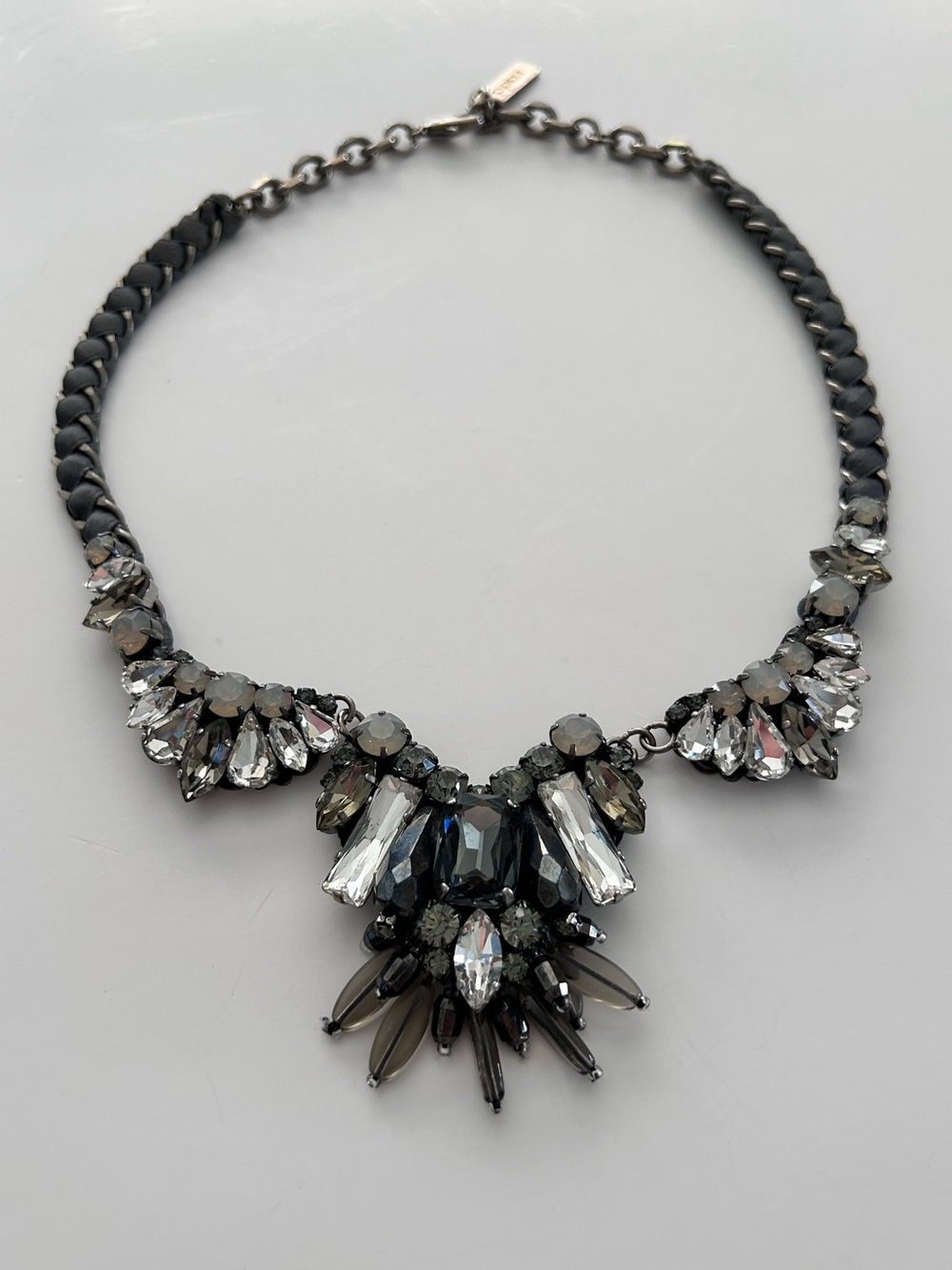 Radà Italy Bib Statement Necklace Gunmetal Grey Crystals Ribbon